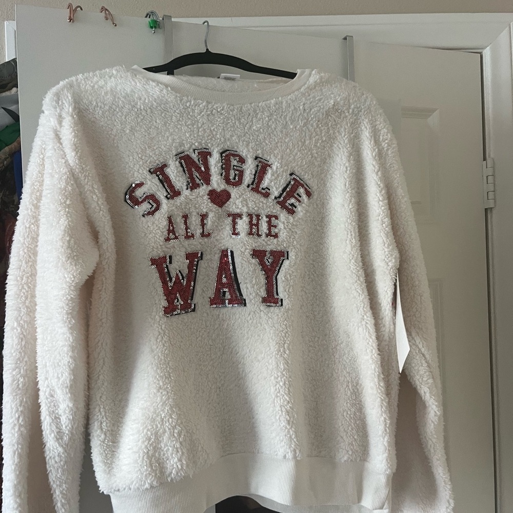 NWT SEQUINED OFF Size XL White Fleece Sweater with Red Lettering